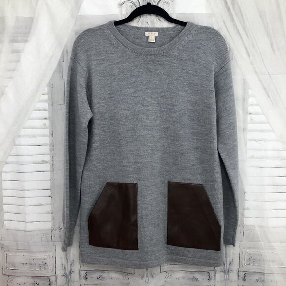 J Crew Womens Small Crewneck Merino Wool Sweater Gray Brown Faux Leather Pockets - Picture 2 of 11